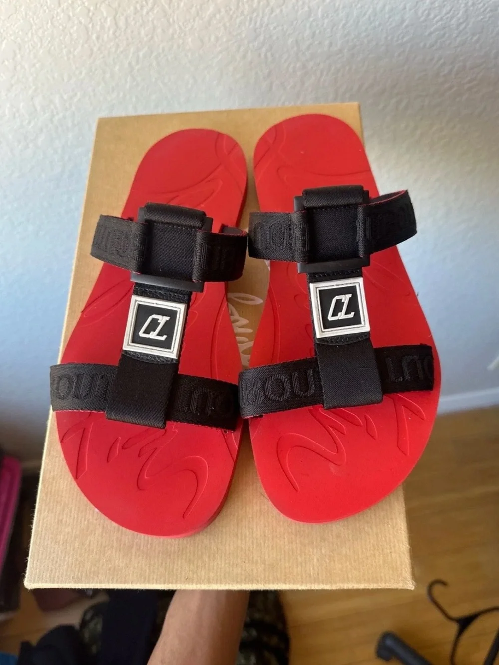 Christian Louboutin Red Footbed Sandals with Black Logo Straps